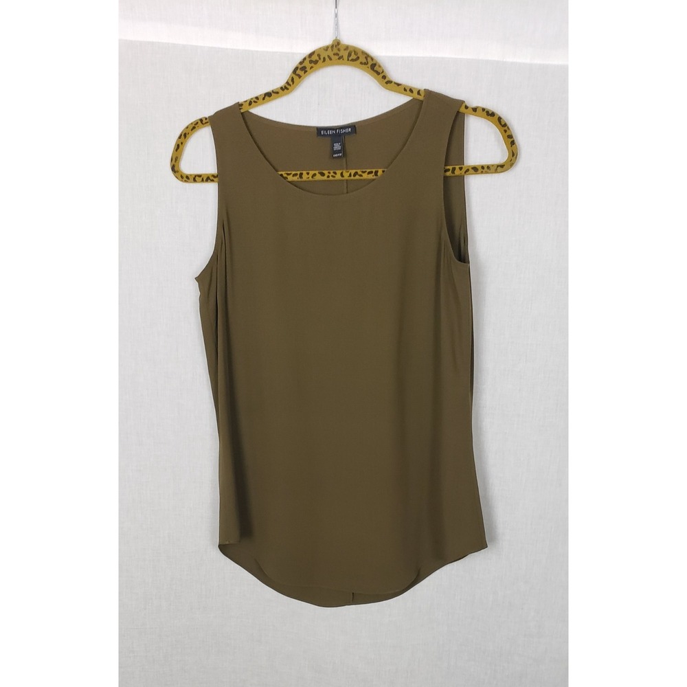 Eileen Fisher Olive Green 100% Silk Sleeveless Tank Top XXS Quiet Luxury Earthy